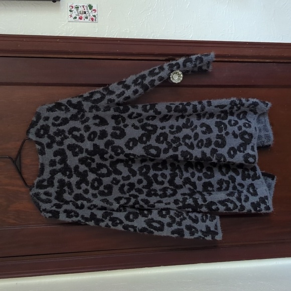 August Silk Gray & Black Animal Print Long Sleeve Open Duster Cardigan Size Lg - Picture 5 of 7